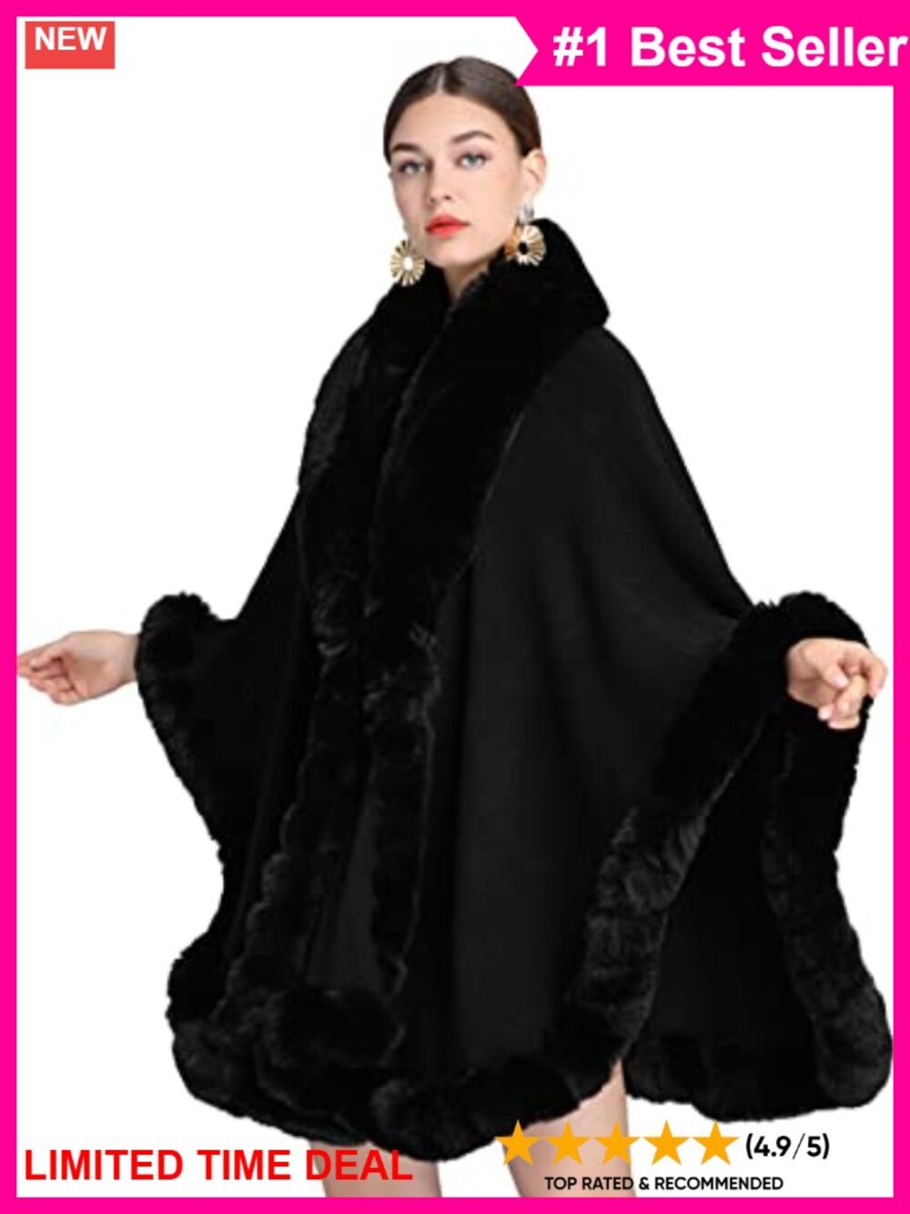 Faux Fur Collar Knit Shawl Wrap Cape Poncho for Evening Dresses